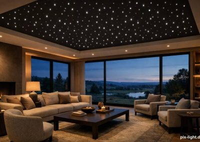 Pix-Light LED‑Sternenhimmel in einem luxuriösem Wohnzimmer mit Blick auf einem See.