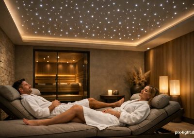 Pix-Light LED‑Sternenhimmel in einem luxuriösem Saunabereich.