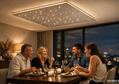 Pix-Light LED‑Sternenhimmel über einem Esszimmertisch mit indirekter Beleuchtung