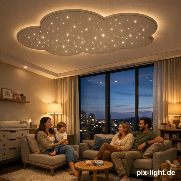Pix-Light LED‑Sternenhimmel in Form einer Wolke in einem Kinderzimmer.