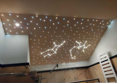 Pix-Light LED‑Sternenhimmel an eine schrägen Decke über einer Dusche mit warmweißen und kaltweißen LEDs, die Sternzeichen darstellen.