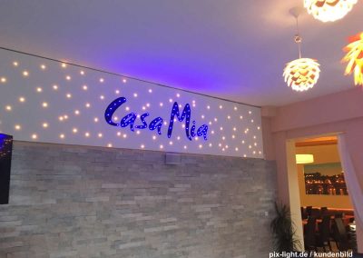 Pix-Light LED‑Wanddekoration mit warmweißen und blauen LEDs die ein Logo darstellen.