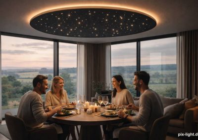 Pix-Light runder LED‑Sternenhimmel einem Esszimmertisch mit indirekter Beleuchtung
