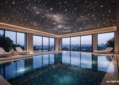 Pix-Light LED‑Sternenhimmel in einem luxuriösem Schwimmbad mit Blick auf eine Stadt.